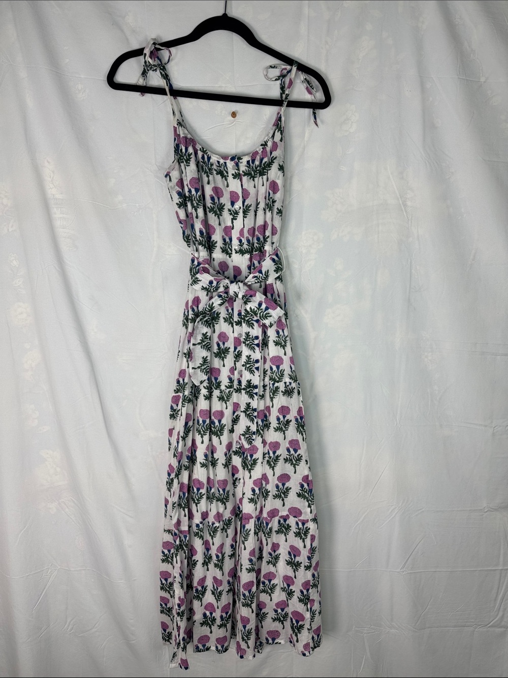 Emerson Fry White Maxi Dress with Pink Floral & Green Leaves